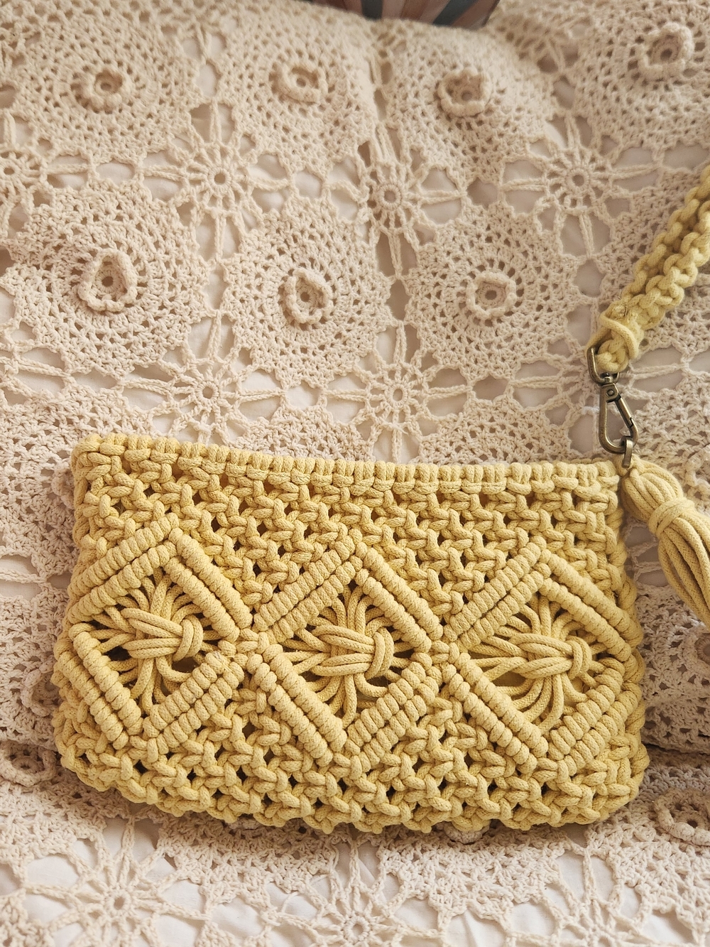 London KayeYellow Macramé Wristlet Clutch 10x6 Inches
